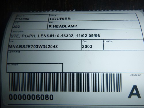 FORD COURIER PG/PH UTE11/2002-09/2006 RIGHT HEADLAMP LENS#110-16302 - Picture 2 of 3