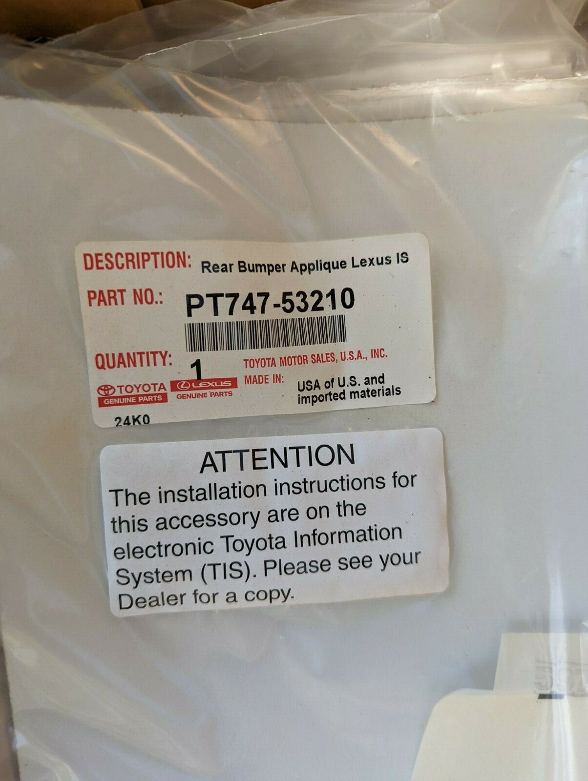 New OEM REAR BUMPER APPLIQUE PT74753210 for LEXUS IS250/350 2021 (G1AC