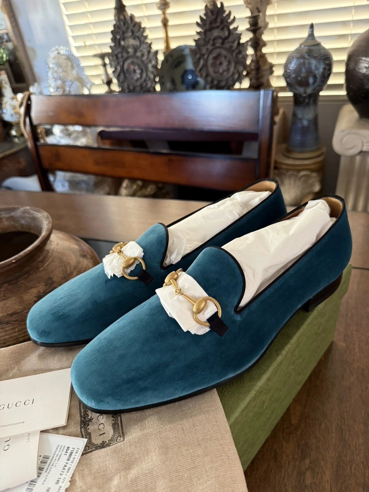Chaussures mocassins velours jordaan sarcelle GUCCI neuves avec étiquettes pointure 10G