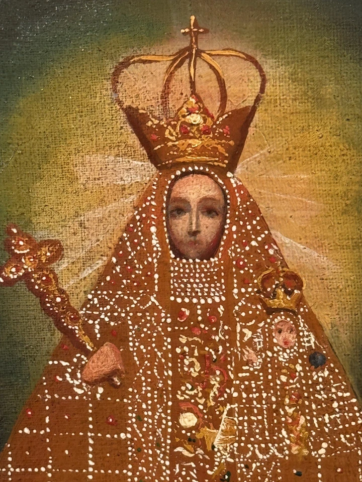 Spanish Colonial Peruvian Oil Painting Virgin Mary Christ Child Retablo Folk Art - Image 3 of 4