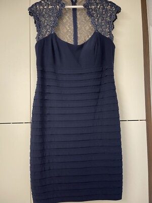 XSCAPE, Abendkleid, Gr. 42 (14), dunkelblau, Stretch m. Glitzerspitze, knielang