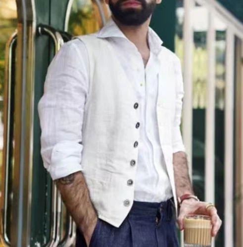 Chaleco Formal Calce Ajustado Chaleco Retro Informal Para Hombre Algodón Lino Verano Elegante Foto 2 de 4