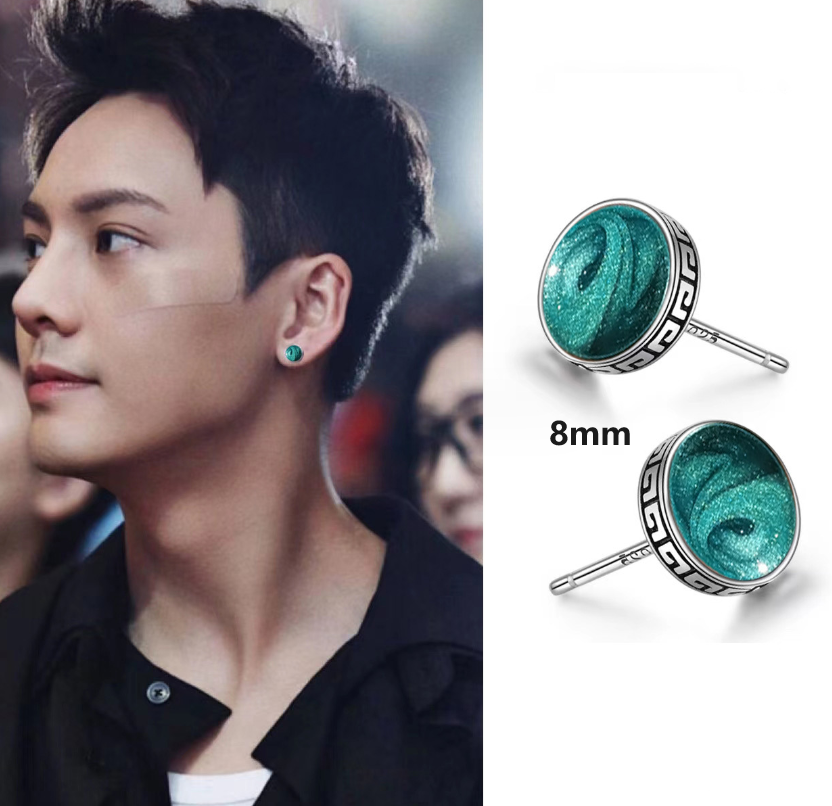 Men Women 925 Silver Plated Green Black Enamel Round Stud