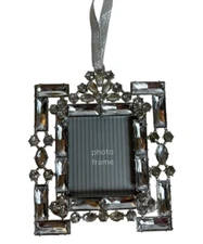 Hanging Picture Frame Ornament Silver Tone Rhinestone Gift Wedding Christmas Vtg