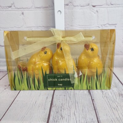 3 Easter Yellow Chick Candles set NOS by Tag 4in original packaging Spring Baby