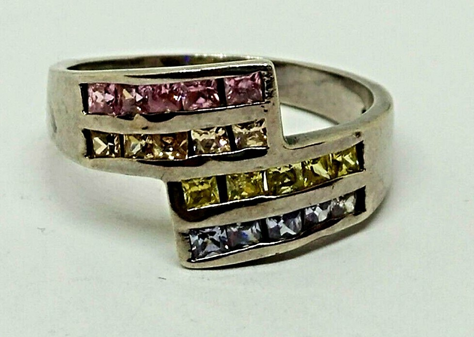 STERLING SILVER SOLID 925 ring 4 rows yellow pink… - image 6
