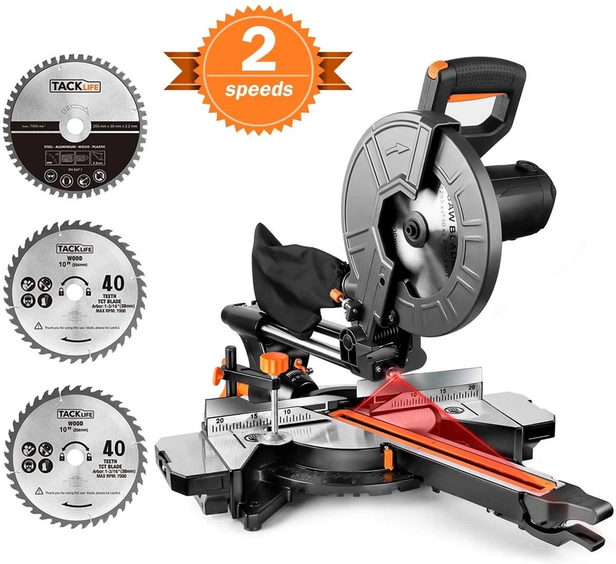 TACKLIFE Sliding Compound Miter Saw Double Speed 3200 4500rpm 2000W 40T 48T B