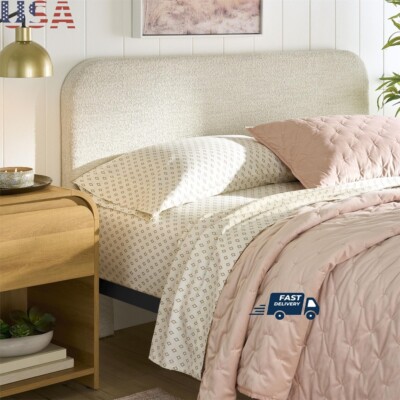 Boucle Upholstered Full Queen Adjustable Height Headboard W/ Easy Assembly Ivory