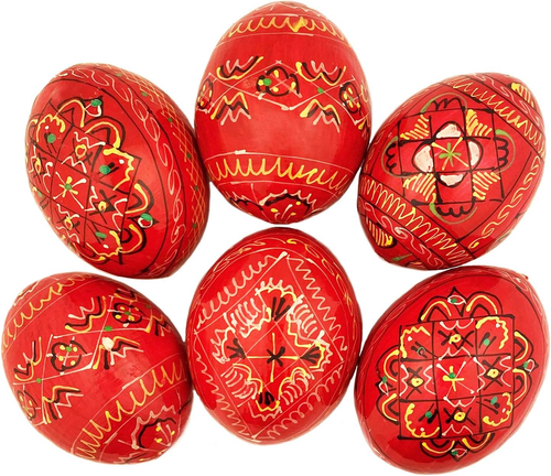 Pysanky Pisanki Hand Painted Ukrainian Wooden Easter Eggs - Pack of 6, Red - 2 5