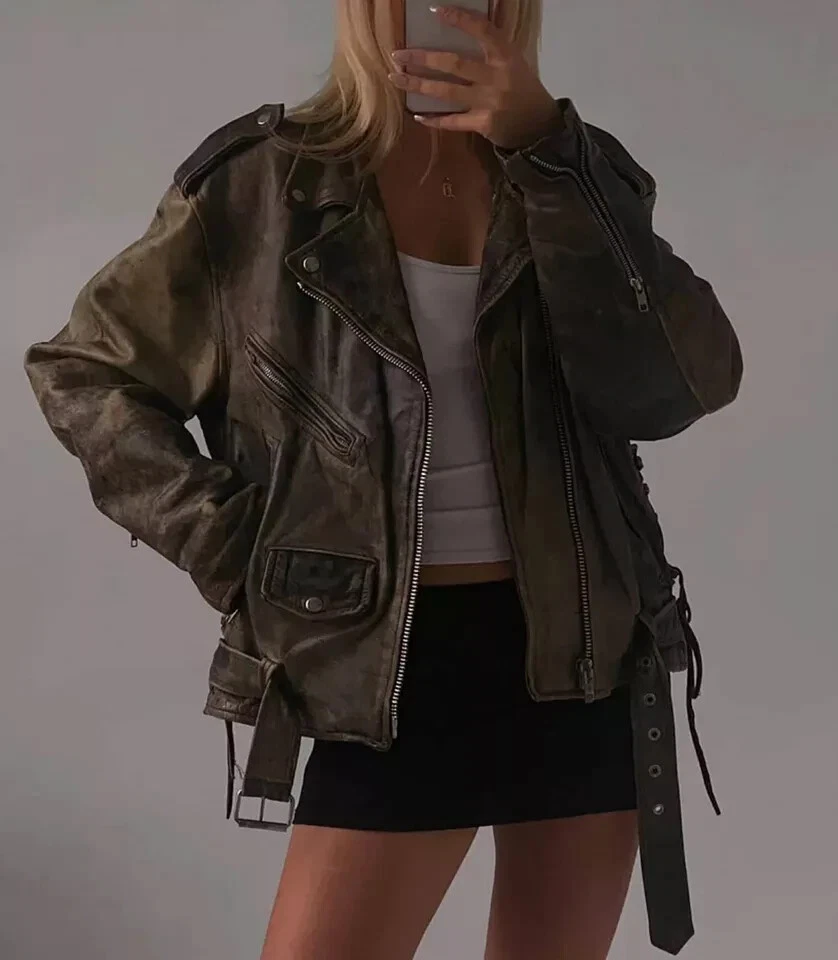 Chaqueta de cuero marrón envejecido estilo militar vintage A2 de gran tamaño para mujer años 90