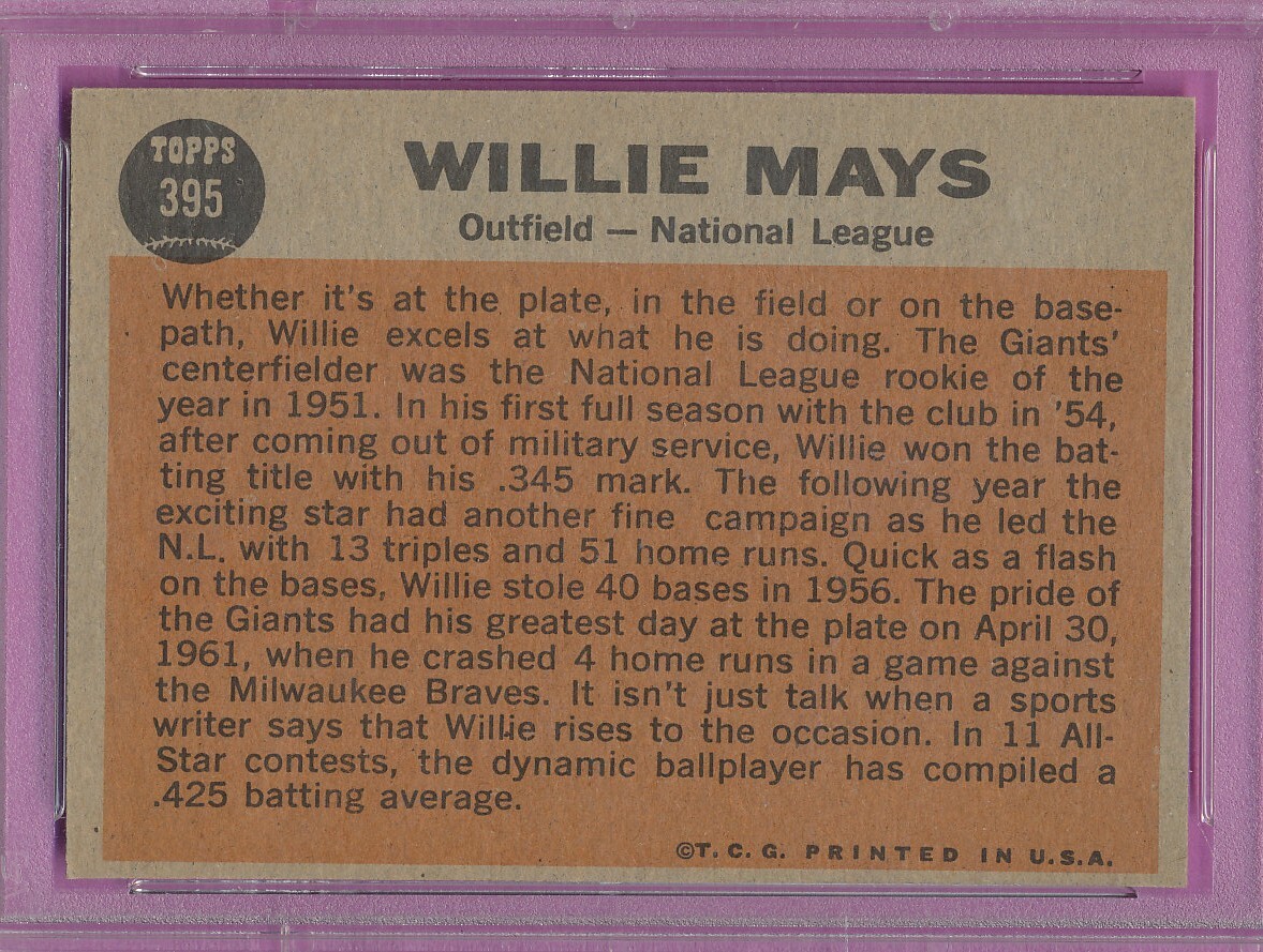PSA 7 NM WILLIE MAYS HOF 1962 TOPPS #395 GRADED NEAR MINT VINTAGE RAZOR *TPHLC view 3