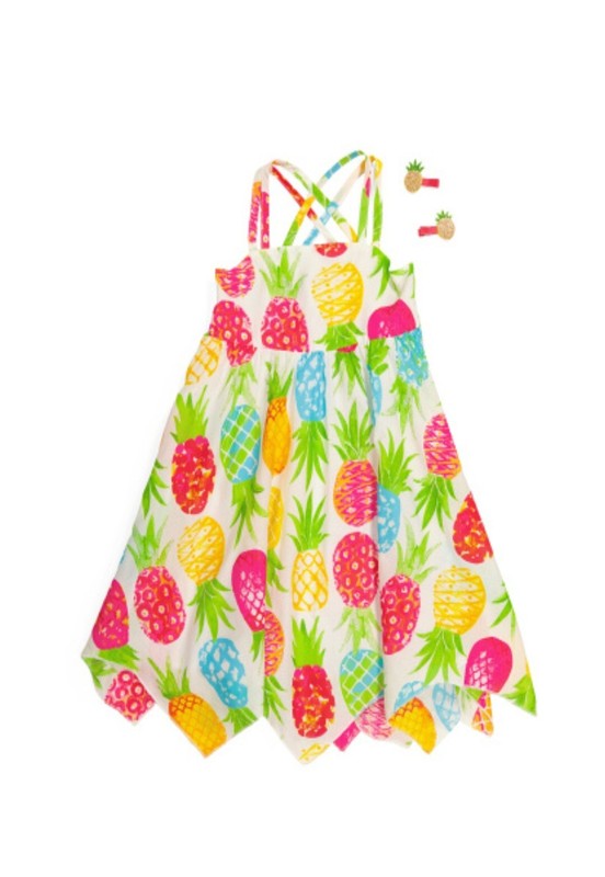 New Girls Pineapple Hanky Hem Dress with Hair Clips Size 7