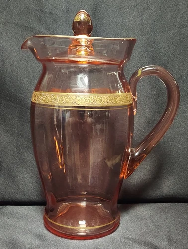 Cambridge Depression Lidded Glass Pitcher Pink With Gold Accents Vintage
