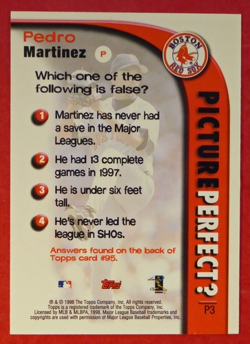 1999 Topps Pedro Martinez Picture Perfect #P3 (Red Sox) - Picture 2 of 2