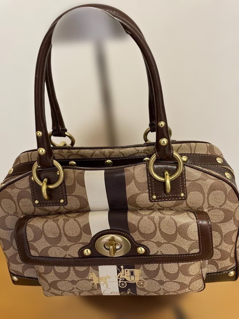 Coach Y2K Signature Satchel Bag Brown Leather Trim Horse Carriage Logo Vintage image 5