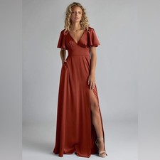 Azazie Rust Satin A-Line Maxi Dress Sz 8 Bridesmaid Formal Wedding Guest Slit