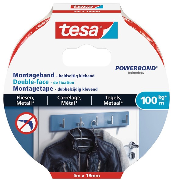 Tesa Powerbond Montageband FüR Fliesen/Metall 19 Mm X 5,0 M-image