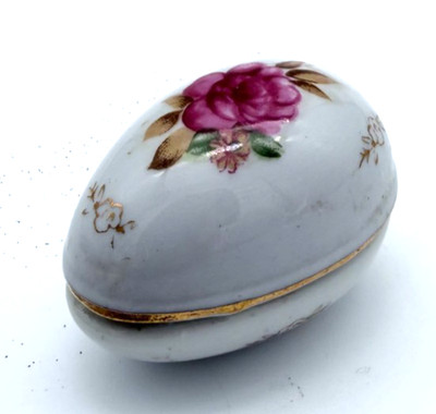 Vintage Ceramic Egg Shaped Lidded Trinket Box Pink Rose 2''