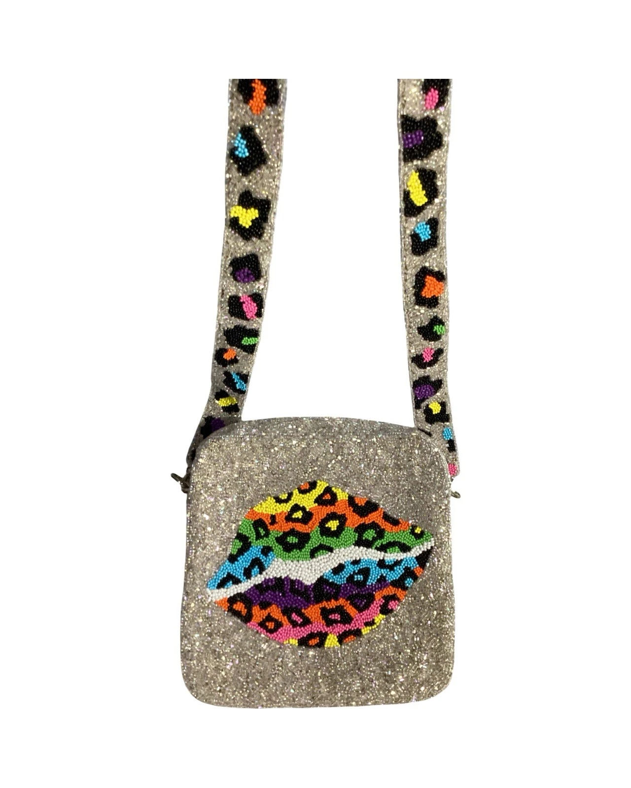 MOYNA Elegant Hand Crafted Glass Beaded Square Bag W/ Colorful Beaded Strap BOHO