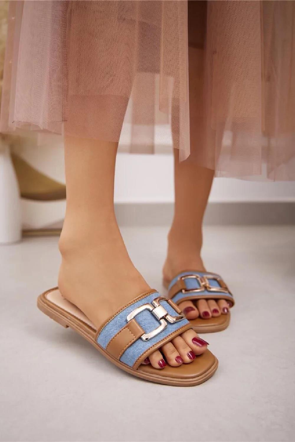 PANTOFOLA D’ORO Sandali slider estivi piatti Lavish Lines donna 1238 denim PU dettagli bordo oro