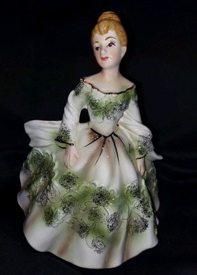 Vintage Lefton Lady Green Floral Dress With Gold Accents