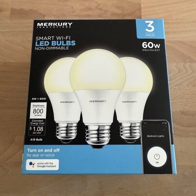 Merkury Innovations Smart Wi-Fi LED Lightbulb A19 60W 2700K 3 Pack New