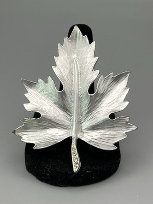 Vintage Silver Tone Maple Leaf Brooch with Rhinestone Stem Accent