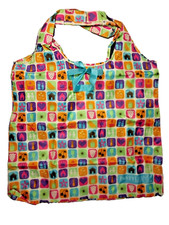 Vintage PartyLite Fabric Gift Bag Multi Color Tile Icon Print Teal Ribbon Wrap