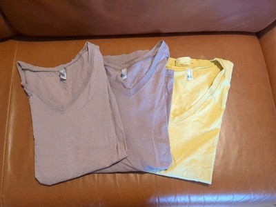 3x American Apparel T-shirt V-Ausschnitt, Bio-Baumwolle, Gelb und Hellbraun L