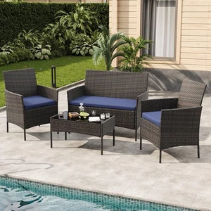 4 Piece Wicker Loveseat Cushion Square Table Patio Lawn Garden Furniture Set