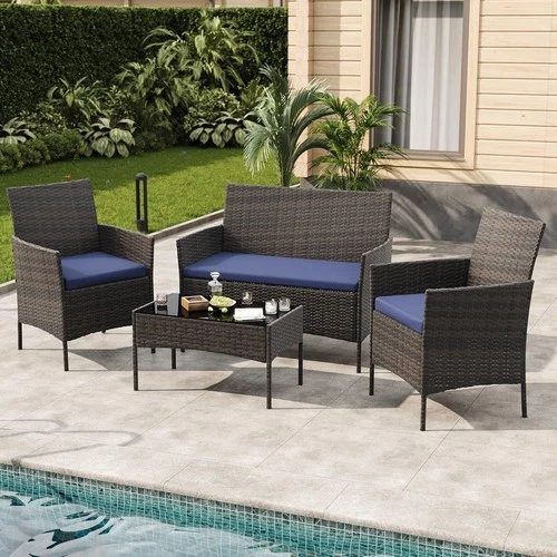 4 Piece Wicker Loveseat Cushion Square Table Patio Lawn Garden Furniture Set