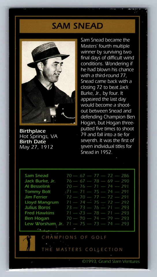Sam Snead 1998 Grand Slam Ventures: The Masters Collection #1952 - Image 2 of 2