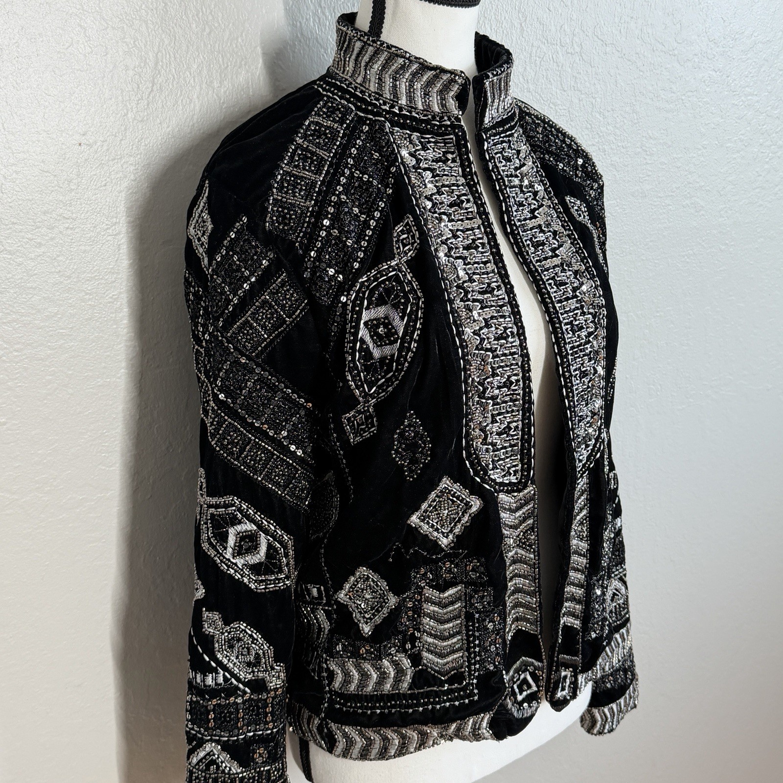 Beaded Velvet Statement Jacket Silver Geometric S… - image 3