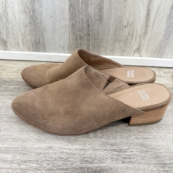 Eileen Fisher Sylvia Tan Suede Mules Clogs Womens 8 Beige Quiet Luxury