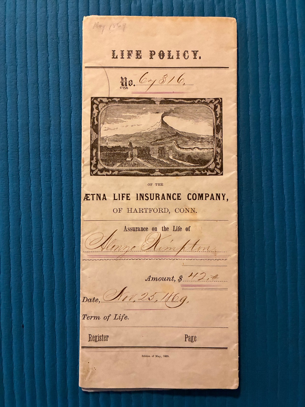 1869 Aetna Life Insurance Co. Policy – Hartford Ct –