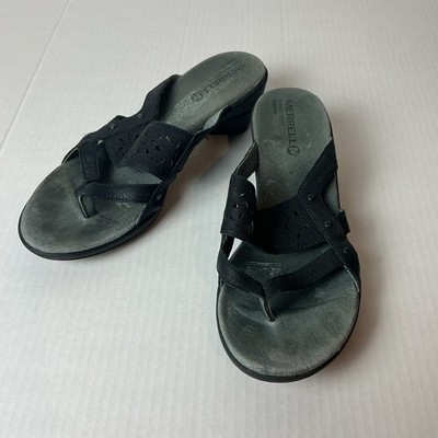 Merrell Black Leather Thong Cut-Out Cushioned Slip On Women's Wedge Sandals 9 M