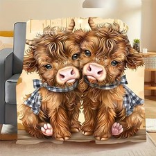 Soft and Warm One Comfortable Cartoon Highland Cow Pattern Flannel Blanket
