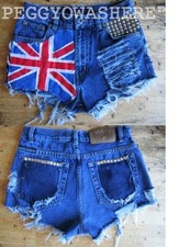 VTG HIGH WAIST CUT OFF DENIM SHORTS stud moto PUNK ENLISH FLAG UNION JACK