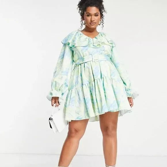 Women's ASOS LUXE Curve Marble V neck Belted Twill Smock Dress