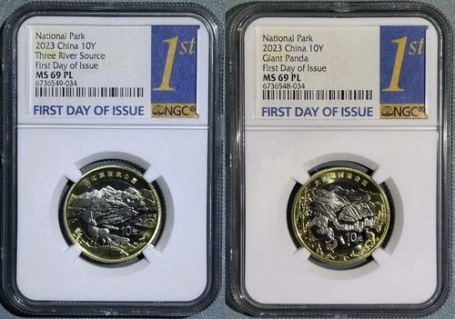 China 2023 10 Y Yuan Bimetal Coin NGC MS 69 PL 1st Day Issue National Park Panda