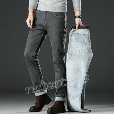 Men Jeans Denim Pants Fleece Lined Casual Warm Trousers Straight Leg Winter  Gift