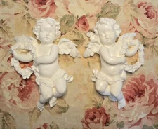New! Large Cherubs with Floral Wreath Furniture/wall Applique pediment