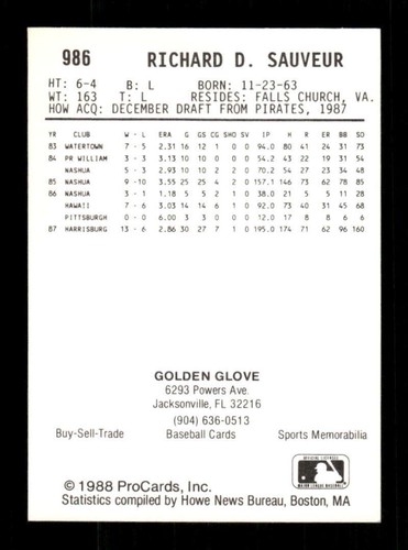1988 ProCards Jacksonville Expos 986 Rich Sauveur BXCP24 - Picture 2 of 2