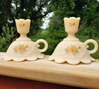 VTG Fenton Satin Glass Finger Loop Candle Stick Holders Artist Sign Orig Sticker