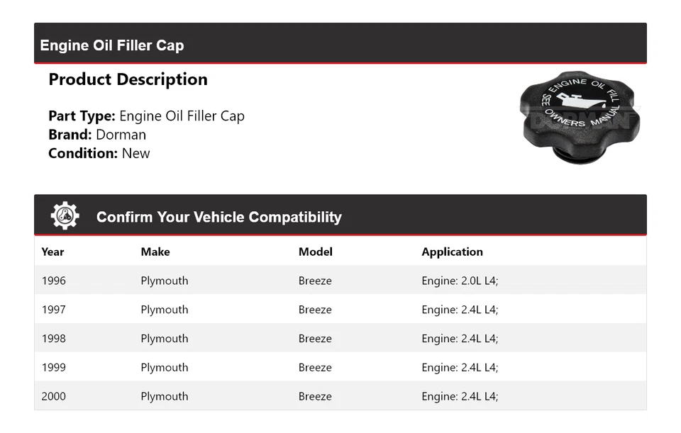 Tapa de llenado de aceite de motor Plymouth Breeze Dorman 1996-2000 1997 1998 1999 Foto 2 de 4