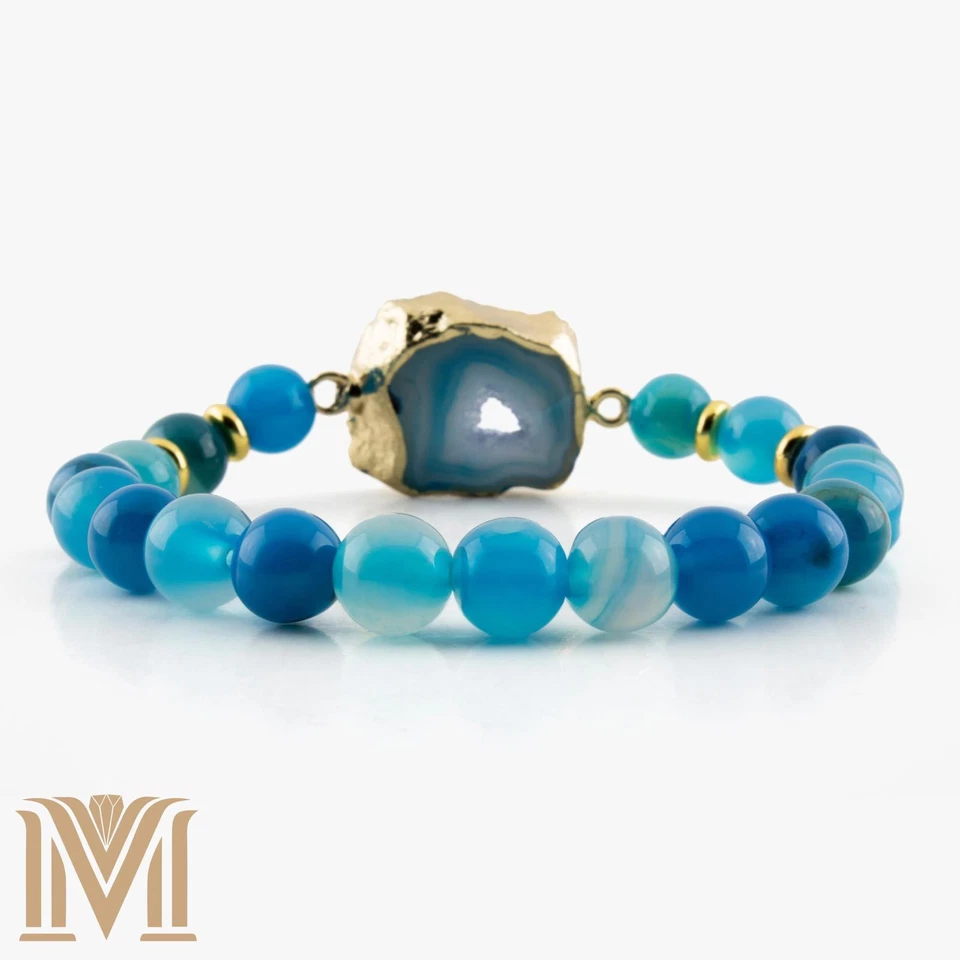 Elegante Brazalete de Cuarzo Azul Ágata y Druzy - Acento Dorado, Ajustable (6"-7.5") Foto 4 de 4