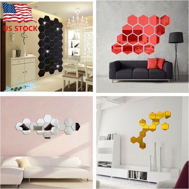12pcs 3d Hexagon Acrylic Mirror Wall Stickers Diy Art Wall Decor Stickers Us For Sale Online