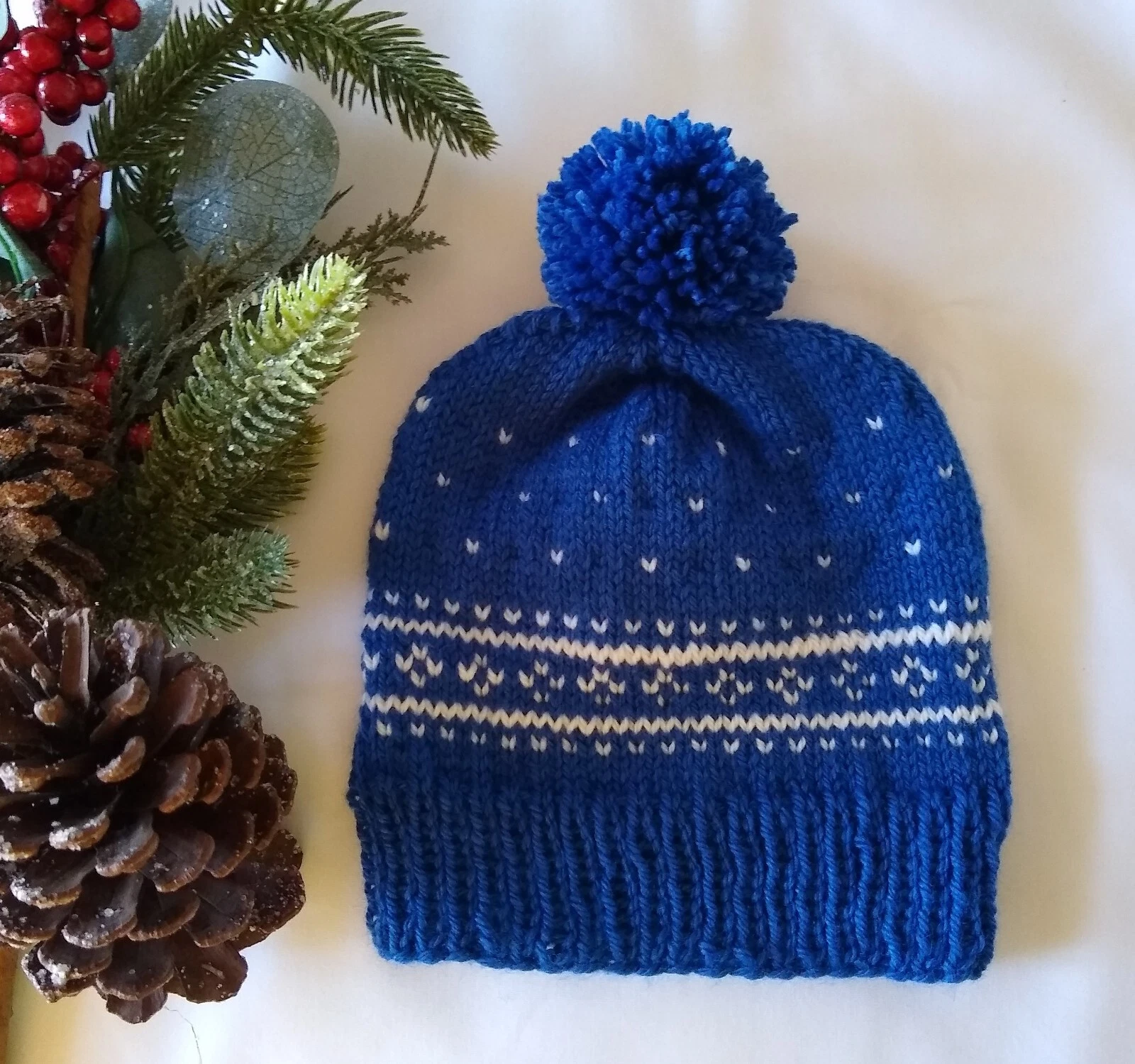 Hand Knitted Baby Hat, Fair Isle Nordic Style, Blue & White