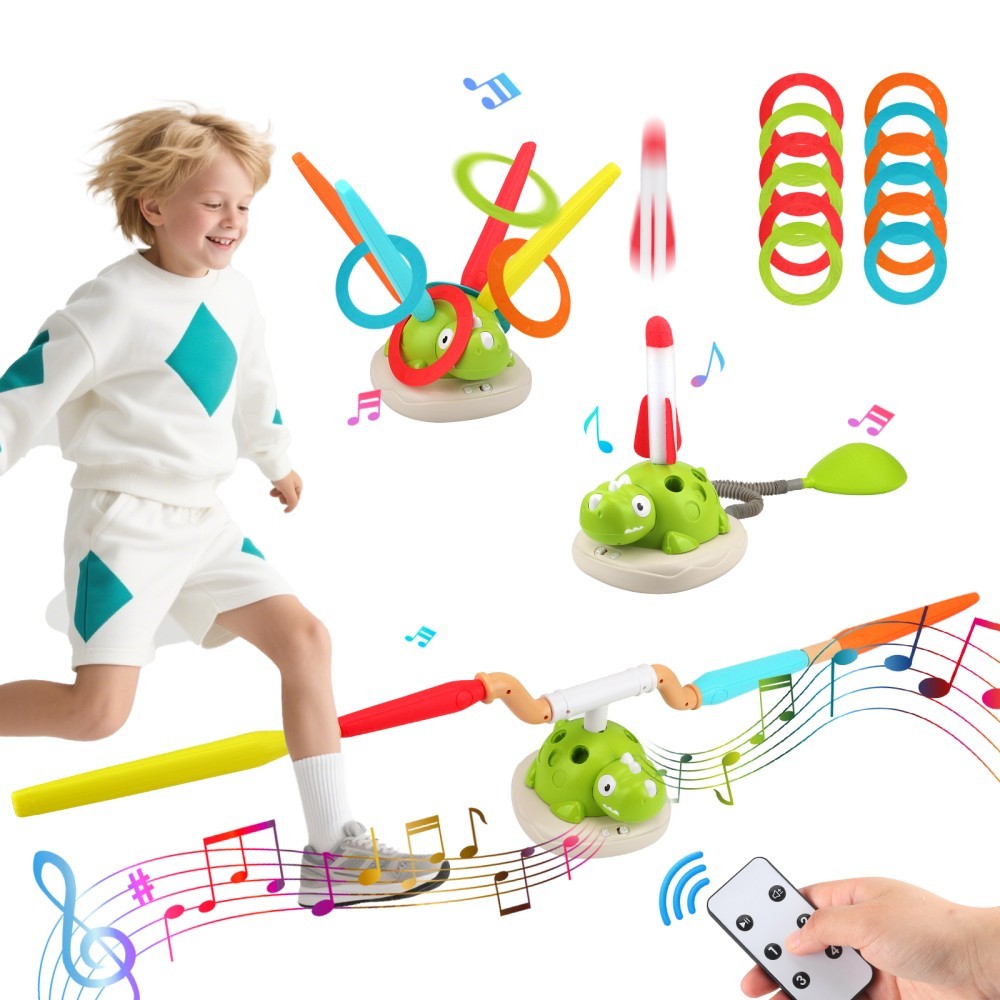 3in1 Kinder Outdoor Spielzeug mit Musik,Rakete Luftdruck /Springseil /Ringwerfer