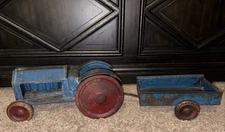 Vintage 1930's Pressed Steel Farm Tractor And Trailer Toy - 30 Inches Overall